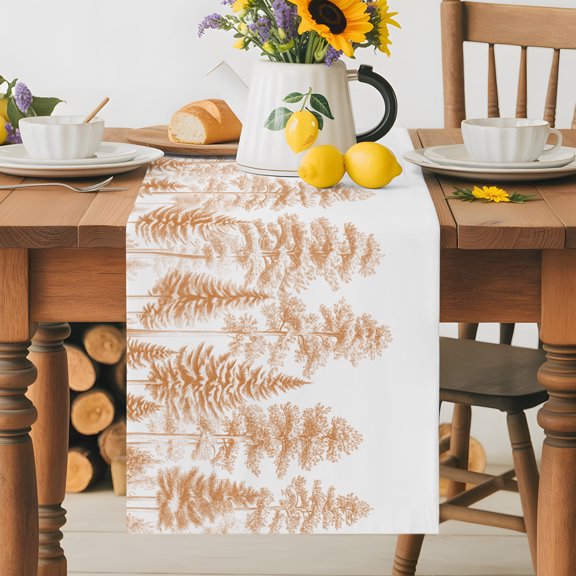 Burlap Table Runner 36 Inches Long, Orange Pine Tree Forest Sketch Art Non-Slip Kitchen Table Runners for Dining Room Everyday Use Party Table Decorations Farm Trees on White