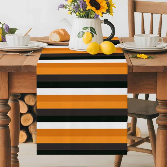 Burlap Table Runner 36 Inches Long, Orange Stripes Happy Halloween Non-Slip Kitchen Table Runners for Dining Room Everyday Use Party Table Decorations Fall Theme Black Lines
