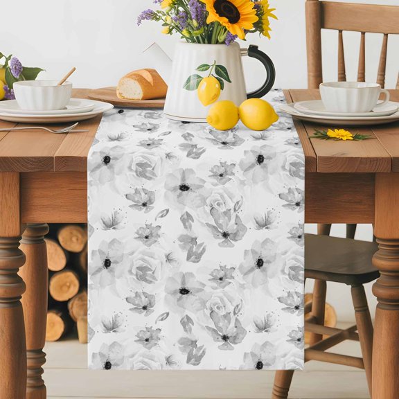 Burlap Table Runner 36 Inches Long, Orchids Seamless Gray Gradient Non-Slip Kitchen Table Runners for Dining Room Everyday Use Party Table Decorations Spring Country Flowers