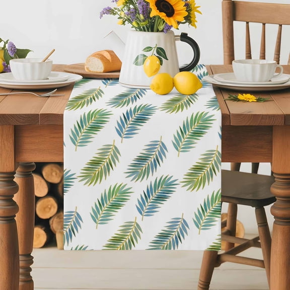 Burlap Table Runner 36 Inches Long, Palm Leaves Tropical Leaves Non-Slip Kitchen Table Runners for Dining Room Everyday Use Party Table Decorations Summer Leaves Plant