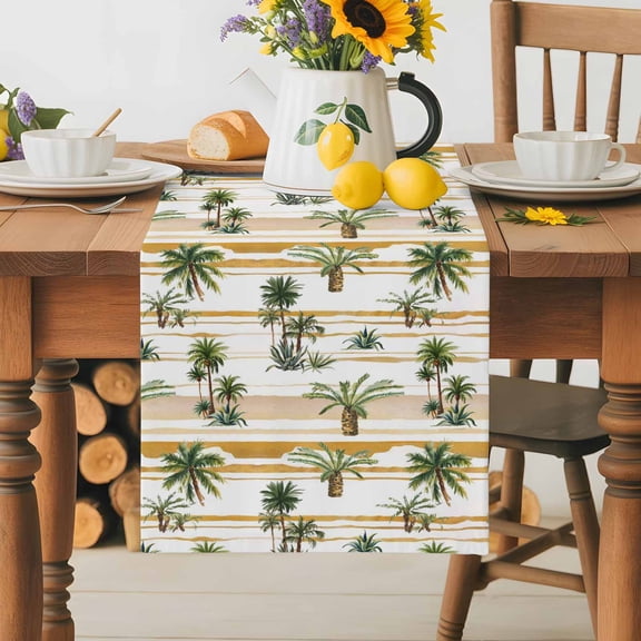 Burlap Table Runner 36 Inches Long, Palm Trees Watercolor Non-Slip Kitchen Table Runners for Dining Room Everyday Use Party Table Decorations Vintage Summer Tropical Plants