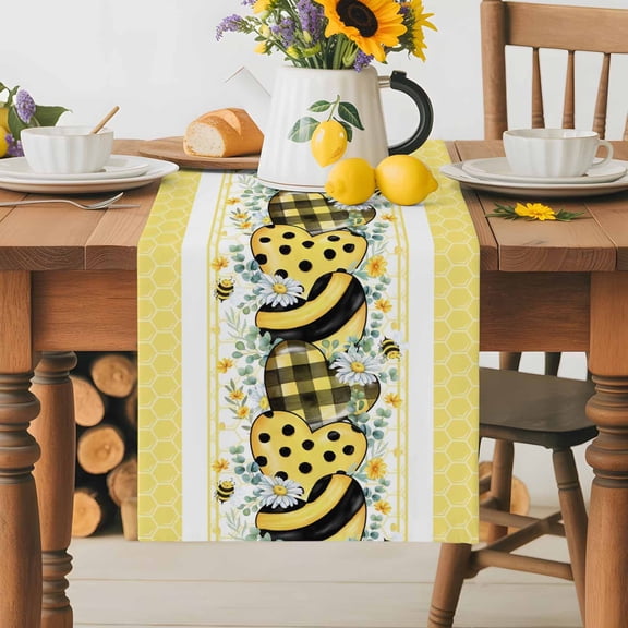 Burlap Table Runner 36 Inches Long,Pastoral Bee Daisy Flower Non-Slip Kitchen Table Runners for Dining Room Everyday Use Party Table Decorations Green Eucalyptus Leaf Yellow Heart