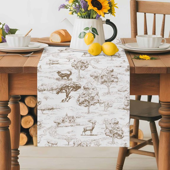 Burlap Table Runner 36 Inches Long, Pastoral Farmhouse Forest Elk Illustration Non-Slip Kitchen Table Runners for Dining Room Everyday Use Party Table Decorations Wild Animals on Vintage