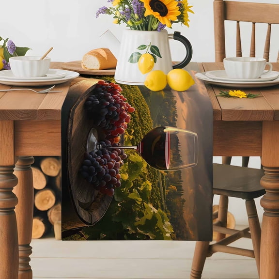 Burlap Table Runner 36 Inches Long, Pastoral Grape Wine Vintage Barrel Non-Slip Kitchen Table Runners for Dining Room Everyday Use Party Table Decorations Farm Harvest