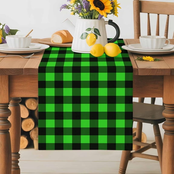 Burlap Table Runner 36 Inches Long, Pastoral Green Black Buffalo Plaid Non-Slip Kitchen Table Runners for Dining Room Everyday Use Party Table Decorations Minimalist Checkered