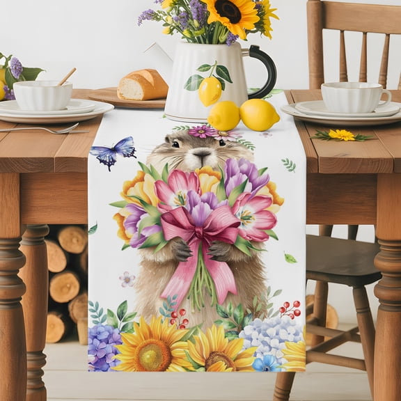 Burlap Table Runner 36 Inches Long, Pastoral Groundhog Tulip Daisy Non-Slip Kitchen Table Runners for Dining Room Everyday Use Party Table Decorations Spring Flower Leaf Butterfly