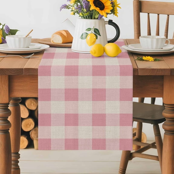 Burlap Table Runner 36 Inches Long, Pastoral Pink Gingham Check Non-Slip Kitchen Table Runners for Dining Room Everyday Use Party Table Decorations Vintage Linen Texture