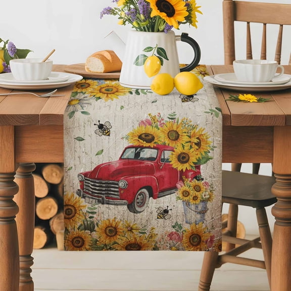 Burlap Table Runner 36 Inches Long,Pastoral Sunflower Bee Farm Truck Non-Slip Kitchen Table Runners for Dining Room Everyday Use Party Table Decorations Retro Letter