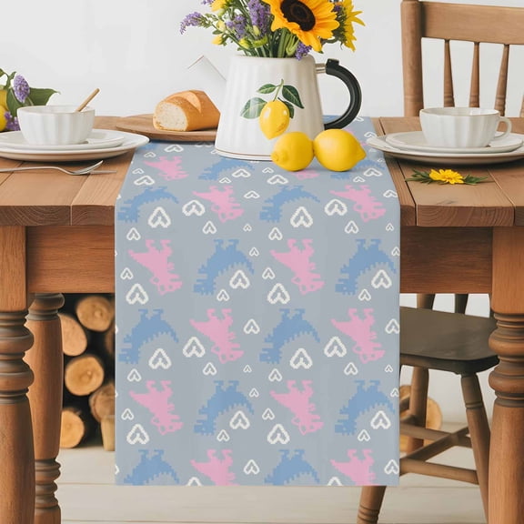 Burlap Table Runner 36 Inches Long, Pink Blue Cartoon Dinosaurs Non-Slip Kitchen Table Runners for Dining Room Everyday Use Party Table Decorations Animal White Hearts on Gray