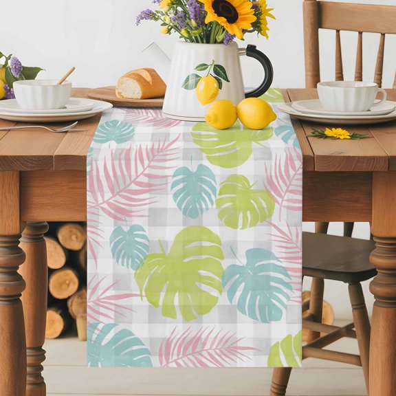 Burlap Table Runner 36 Inches Long, Pink Blue Green Monstera Leaves Non-Slip Kitchen Table Runners for Dining Room Everyday Use Party Table Decorations Gray White Background