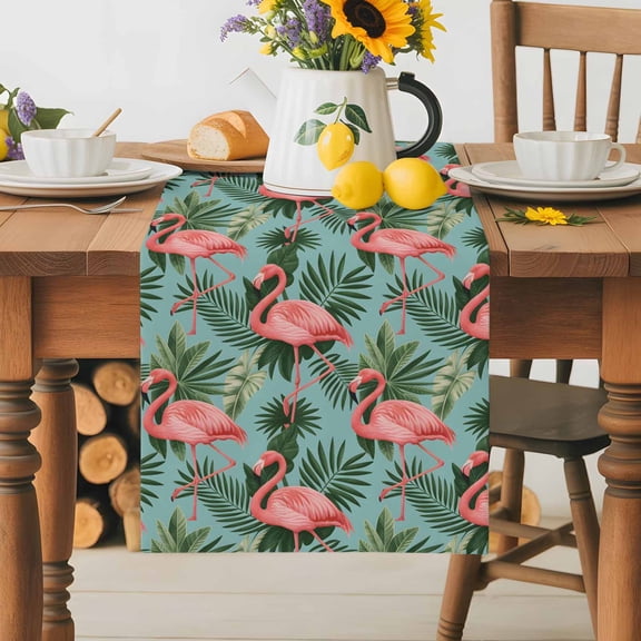 Burlap Table Runner 36 Inches Long,Pink Flamingos Tropical Leaves Non-Slip Kitchen Table Runners for Dining Room Everyday Use Party Table Decorations Summer Leaves on Green