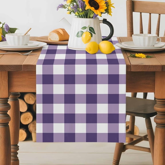 Burlap Table Runner 36 Inches Long,Purple Buffalo Checker on White Non-Slip Kitchen Table Runners for Dining Room Everyday Use Party Table Decorations Minimalist Plaid Lattice