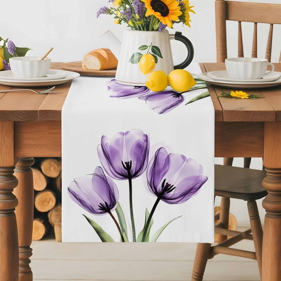 Burlap Table Runner 36 Inches Long,Purple Tulip Blossom Floral on White Non-Slip Kitchen Table Runners for Dining Room Everyday Use Party Table Decorations Spring Abstract Floral