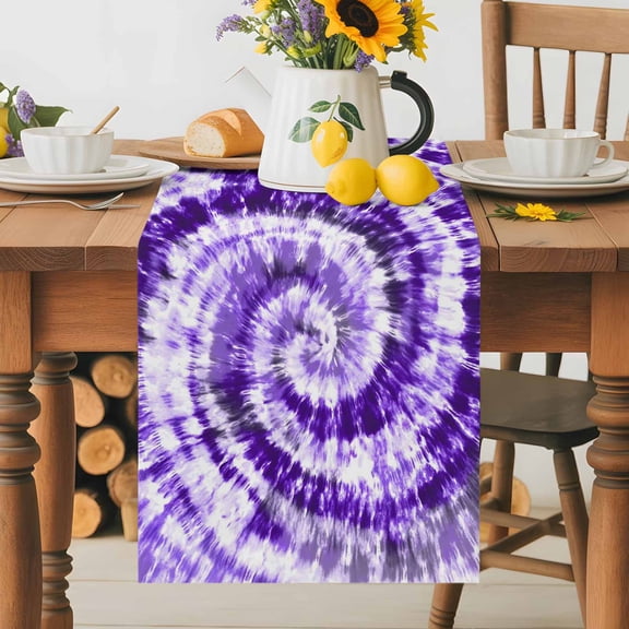 Burlap Table Runner 36 Inches Long, Purple White Spiral Tie Dye Art Non-Slip Kitchen Table Runners for Dining Room Everyday Use Party Table Decorations Ethnic Hippie Pattern