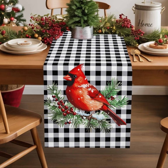 Burlap Table Runner 36 Inches Long,Red Bird Berries Non-Slip Kitchen Table Runners for Dining Room Everyday Use Party Table Decorations Black White Check