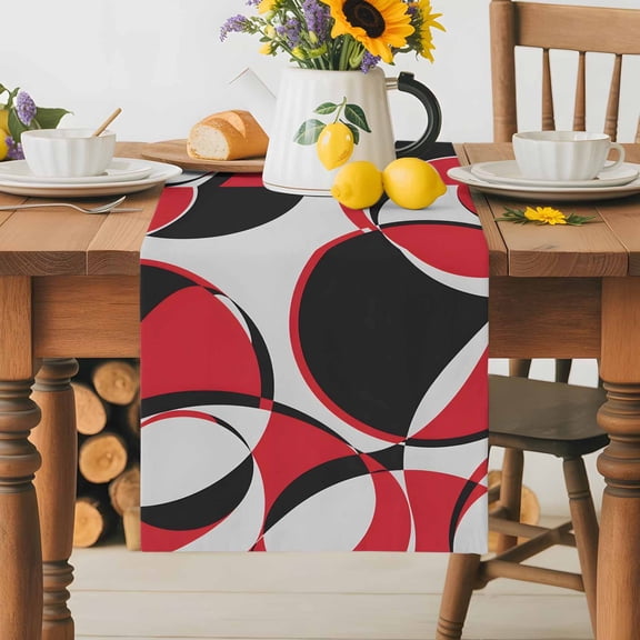 Burlap Table Runner 36 Inches Long, Red Black Gray Geometric Art Non-Slip Kitchen Table Runners for Dining Room Everyday Use Party Table Decorations Modern Abstract Circle Stripes