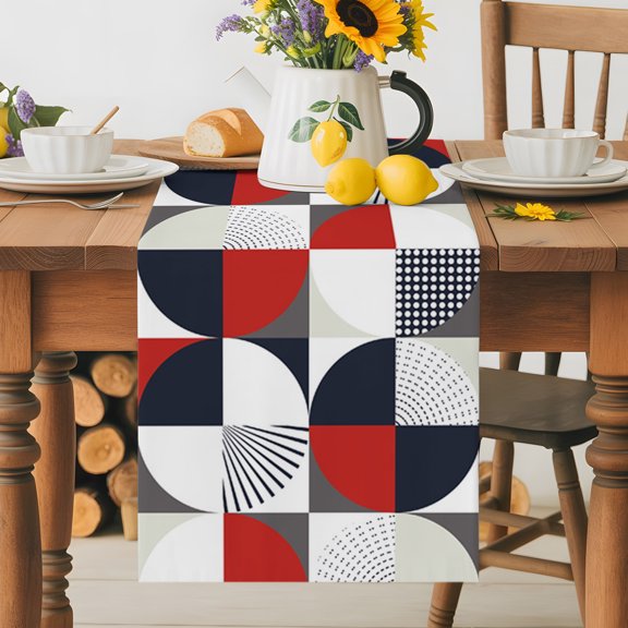 Burlap Table Runner 36 Inches Long, Red Block Mid Century Style Non-Slip Kitchen Table Runners for Dining Room Everyday Use Party Table Decorations Abstract Geometric White Polka Dot