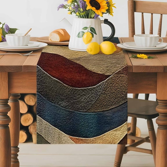 Burlap Table Runner 36 Inches Long, Red Blue Striped Non-Slip Kitchen Table Runners for Dining Room Everyday Use Party Table Decorations Vintage Medieval Geometric Art