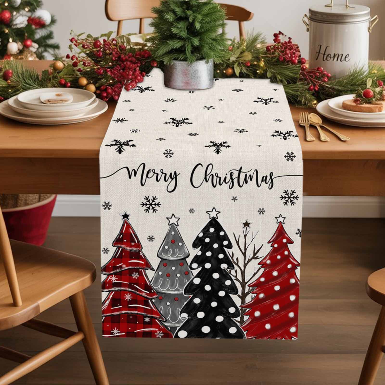 Burlap Table Runner 36 Inches Long,Red Christmas Tree Snowflake Non ...