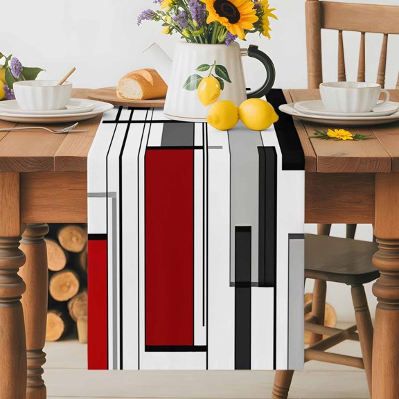 Burlap Table Runner 36 Inches Long, Red Color Block Abstract Geometric Non-Slip Kitchen Table Runners for Dining Room Everyday Use Party Table Decorations Irregular Line