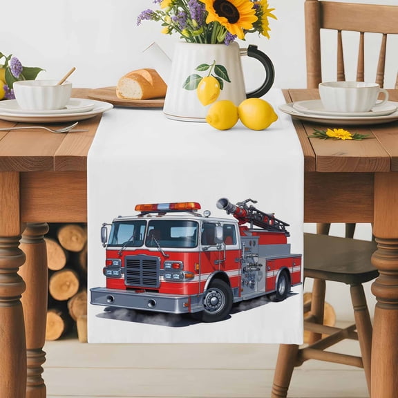Burlap Table Runner 36 Inches Long, Red Fire Truck Cartoon Car Non-Slip Kitchen Table Runners for Dining Room Everyday Use Party Table Decorations Modern Minimalist Style