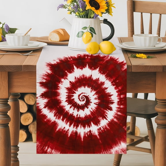 Burlap Table Runner 36 Inches Long, Red Spiral Tie Dye Pattern Non-Slip Kitchen Table Runners for Dining Room Everyday Use Party Table Decorations Modern Style