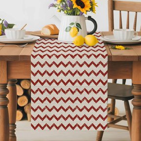 Burlap Table Runner 36 Inches Long, Red Zigzag Stripes Non-Slip Kitchen Table Runners for Dining Room Everyday Use Party Table Decorations Off White Linen Texture Background
