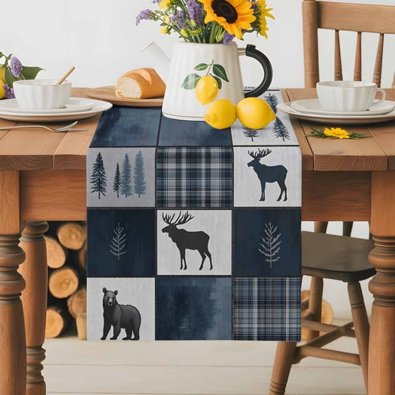 Burlap Table Runner 36 Inches Long,Reindeer Bear Silhouette Pine Tree Non-Slip Kitchen Table Runners for Dining Room Everyday Use Party Table Decorations Vintage Buffalo Patchwork