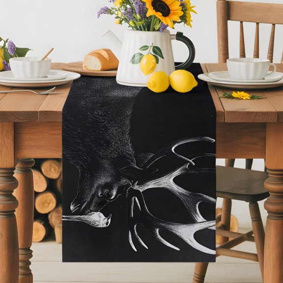 Burlap Table Runner 36 Inches Long, Retro Antelope Bird on Black Non-Slip Kitchen Table Runners for Dining Room Everyday Use Party Table Decorations Vintage Abstract Animal