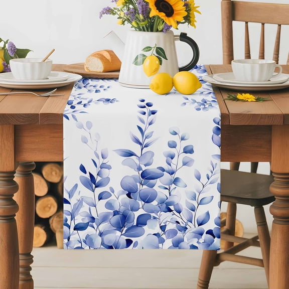 Burlap Table Runner 36 Inches Long,Retro Blue Eucalyptus Leaves Non-Slip Kitchen Table Runners for Dining Room Everyday Use Party Table Decorations Watercolor Botanical