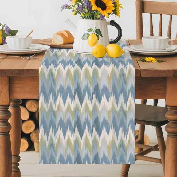 Burlap Table Runner 36 Inches Long, Retro Blue Green Zigzag Chevron Non-Slip Kitchen Table Runners for Dining Room Everyday Use Party Table Decorations Southwest Ethnic Style