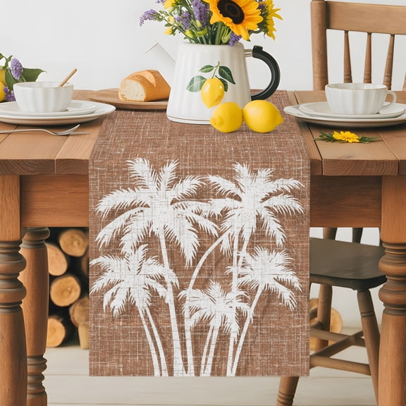 Burlap Table Runner 36 Inches Long, Retro Brown Palm Tree Non-Slip Kitchen Table Runners for Dining Room Everyday Use Party Table Decorations Summer Trees Tropical Botanical
