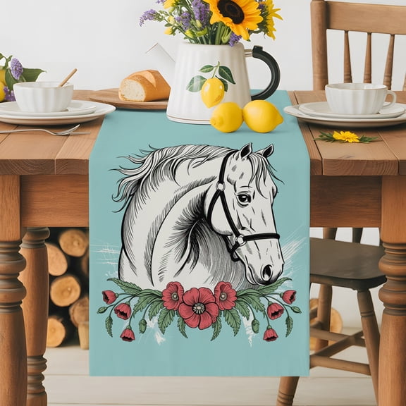 Burlap Table Runner 36 Inches Long, Retro Cartoon White Horses Non-Slip Kitchen Table Runners for Dining Room Everyday Use Party Table Decorations Red Flowers Green Leaf