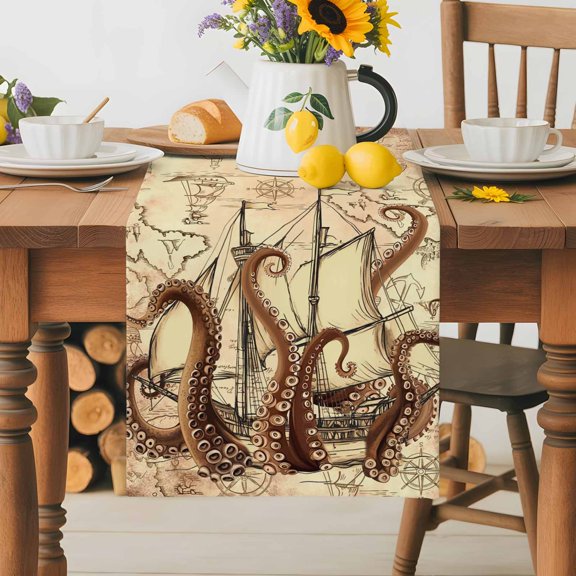 Burlap Table Runner 36 Inches Long,Retro Coastal Ocean Octopus Non-Slip Kitchen Table Runners for Dining Room Everyday Use Party Table Decorations Nautical Sailing Boat on Map