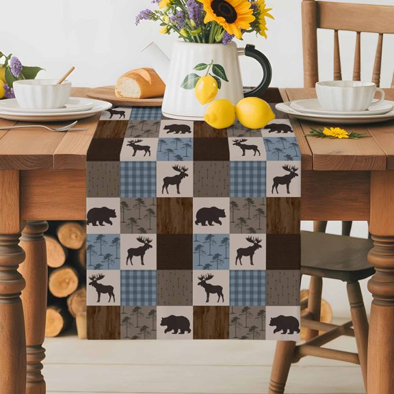 Burlap Table Runner 36 Inches Long, Retro Deer Bear Plaid Check Non-Slip Kitchen Table Runners for Dining Room Everyday Use Party Table Decorations Abstract Patchwork Pattern