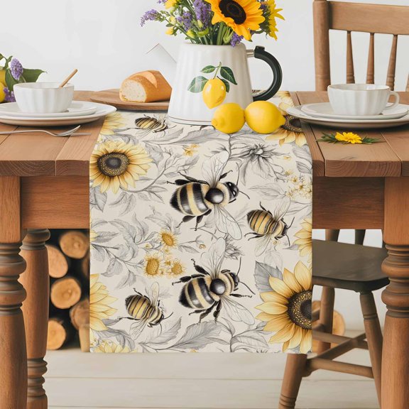 Burlap Table Runner 36 Inches Long,Retro Farm Sunflower Bee Flower Non-Slip Kitchen Table Runners for Dining Room Everyday Use Party Table Decorations Vintage Summer Botantical