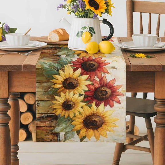 Burlap Table Runner 36 Inches Long, Retro Farmhouse Red Yellow Sunflower Non-Slip Kitchen Table Runners for Dining Room Everyday Use Party Table Decorations Vintage Rustic Wood Floral