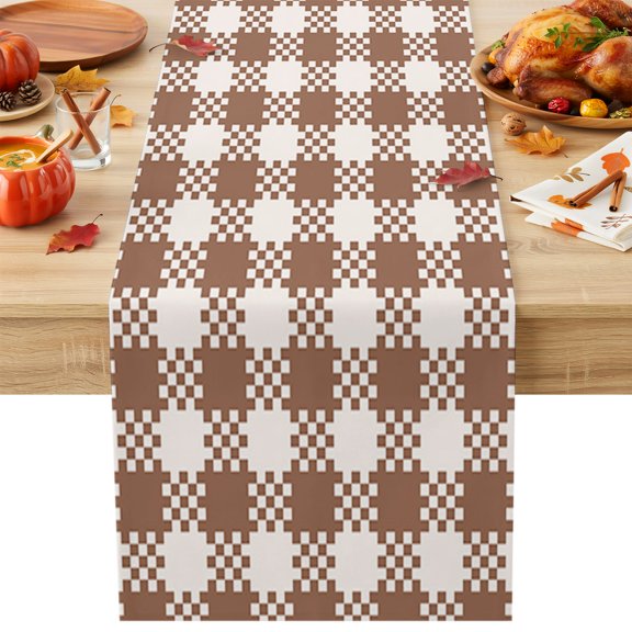 Burlap Table Runner 36 Inches Long, Retro Geometric Buffalo Tartan Non-Slip Kitchen Table Runners for Dining Room Everyday Use Party Table Decorations Chic Plaid Khaki White