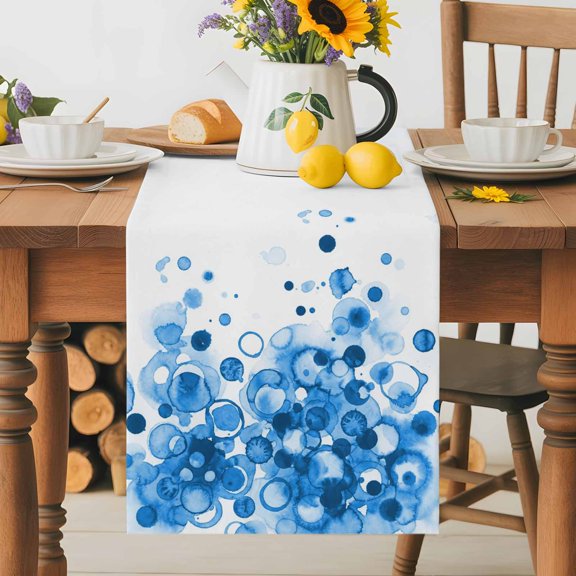 Burlap Table Runner 36 Inches Long, Retro Gradient Blue Polka Dots Circles Non-Slip Kitchen Table Runners for Dining Room Everyday Use Party Table Decorations Abstract Art