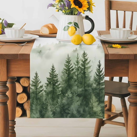 Burlap Table Runner 36 Inches Long, Retro Green Tree Forest Mountains Non-Slip Kitchen Table Runners for Dining Room Everyday Use Party Table Decorations Watercolor Plant