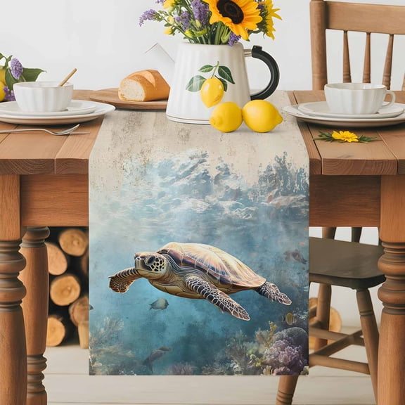 Burlap Table Runner 36 Inches Long, Retro Ocean Sea Turtle Coral Reef Non-Slip Kitchen Table Runners for Dining Room Everyday Use Party Table Decorations Underwater World Animal