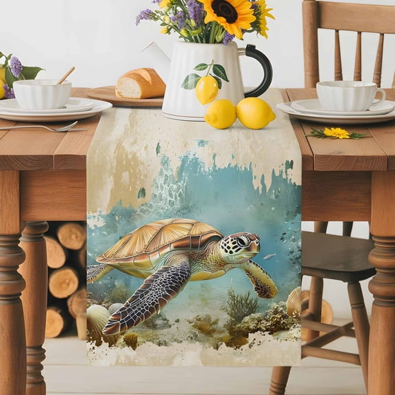 Burlap Table Runner 36 Inches Long, Retro Ocean Sea Turtle Coral Reef Non-Slip Kitchen Table Runners for Dining Room Everyday Use Party Table Decorations Underwater World