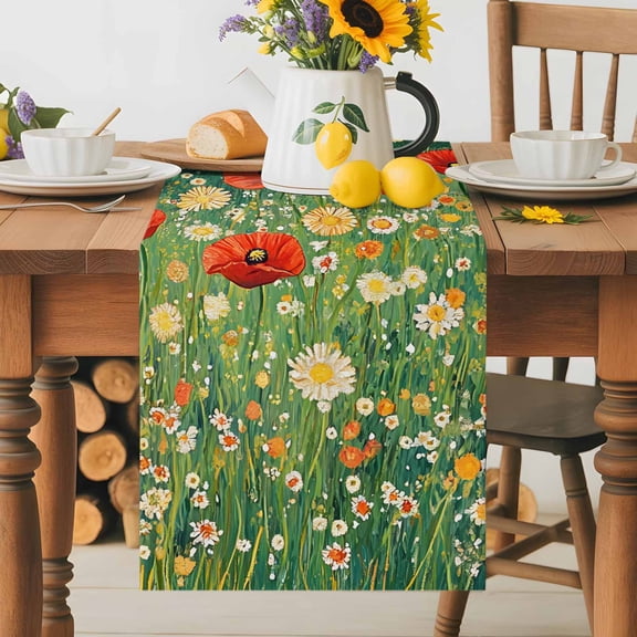 Burlap Table Runner 36 Inches Long, Retro Pastoral Flowers Field Non-Slip Kitchen Table Runners for Dining Room Everyday Use Party Table Decorations Oil Painting Floral