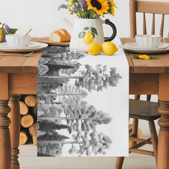 Burlap Table Runner 36 Inches Long, Retro Pine Tree Gray White Art Non-Slip Kitchen Table Runners for Dining Room Everyday Use Party Table Decorations Farmhouse Trees Sketch Art