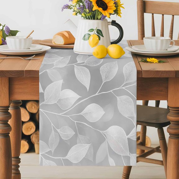 Burlap Table Runner 36 Inches Long, Retro Plant Leaves Non-Slip Kitchen Table Runners for Dining Room Everyday Use Party Table Decorations Abstract Grey Botanical Background