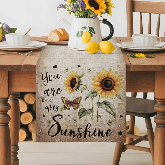 Burlap Table Runner 36 Inches Long,Retro Sunflower Sunshine Quote Non-Slip Kitchen Table Runners for Dining Room Everyday Use Party Table Decorations Butterfly Floral Bee on Letter