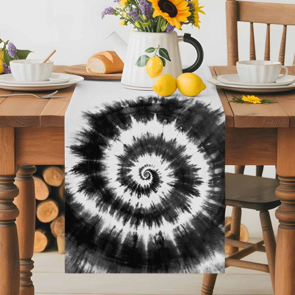 Burlap Table Runner 36 Inches Long, Retro Tie-dye Black White Non-Slip Kitchen Table Runners for Dining Room Everyday Use Party Table Decorations Abstract Watercolor Vortex Theme