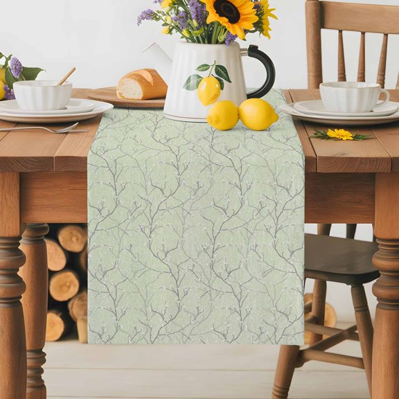 Burlap Table Runner 36 Inches Long, Retro Tree Branches Texture Non-Slip Kitchen Table Runners for Dining Room Everyday Use Party Table Decorations Vintage Plants on Green