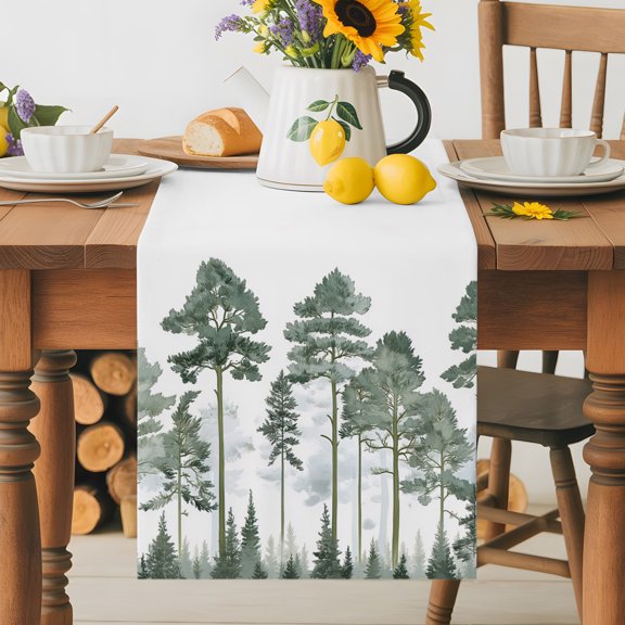 Burlap Table Runner 36 Inches Long, Retro Watercolor Green Pine Trees Non-Slip Kitchen Table Runners for Dining Room Everyday Use Party Table Decorations Village Misty Forest