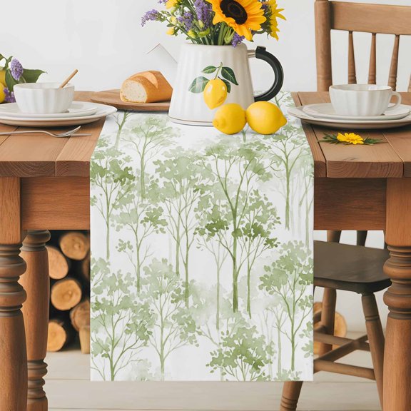 Burlap Table Runner 36 Inches Long, Retro Watercolor Green Trees Non-Slip Kitchen Table Runners for Dining Room Everyday Use Party Table Decorations Seamless Tree Texture